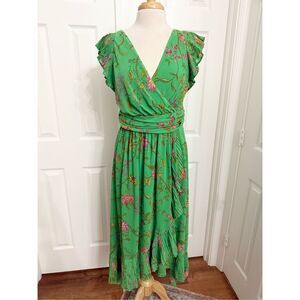 Anthropologie Green Floral Ruffle Sleeve V-Neck Pleated Wrap Midi Dress 10